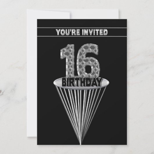 16th Birthday Party Invitation - Silver and Black, 招待状 (正面)