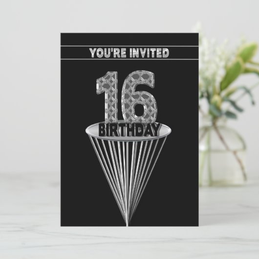 16th Birthday Party Invitation - Silver and Black, 招待状 (スタンド正面)
