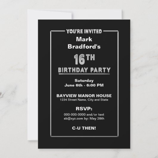 16th Birthday Party Invitation - Silver and Black, 招待状 (裏面)