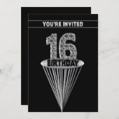 16th Birthday Party Invitation - Silver and Black, 招待状 (正面/裏面)