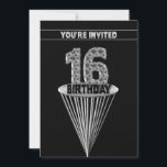 16th Birthday Party Invitation - Silver and Black, 招待状<br><div class="desc">抽象芸術はフェイク金属のパターンを作るこカッコいいとを特に若い男のために。情報で裏面をパーソナライズし、自分の情報にする。</div>