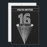 16th Birthday Party Invitation - Silver and Black, 招待状<br><div class="desc">抽象芸術はフェイク金属のパターンを作るこカッコいいとを特に若い男のために。情報で裏面をパーソナライズし、自分の情報にする。</div>
