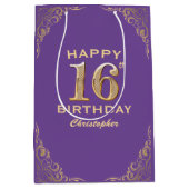 16th Birthday Party vと金ゴールドグリッターフレーム ミディアムペーパーバッグ (正面)