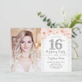 16th Birthday Party With Photo - Silver Pink White 招待状 (スタンド正面)