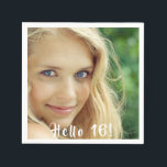 16th birthday photo hello 16 girl スタンダードカクテルナプキン<br><div class="desc">あなたの写真のテンプレート。ホワイト文字オーバーレイ：こんにちは16!16歳の誕生日パーティーのナプキン。</div>