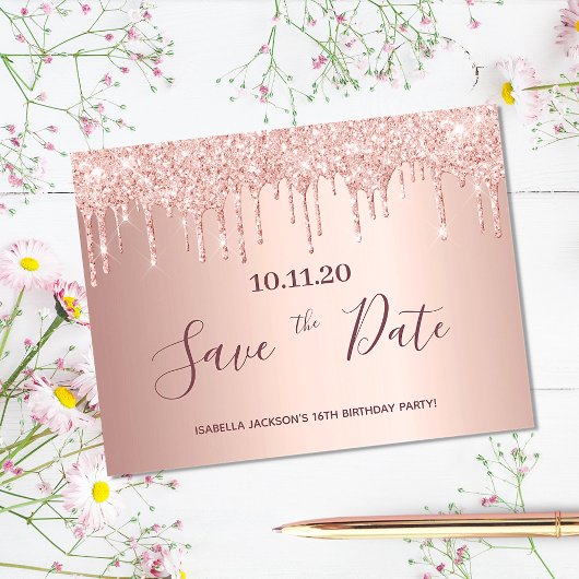16th birthday rose gold glitter save the date ポストカード