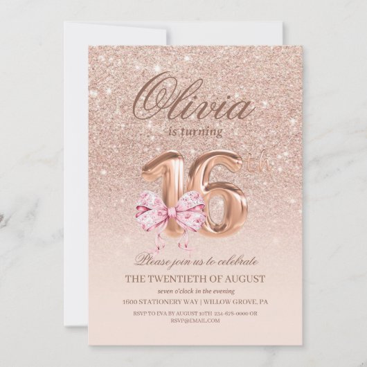 16th Birthday Rose Pink Gold Bow Birthday Party 招待状 (正面)