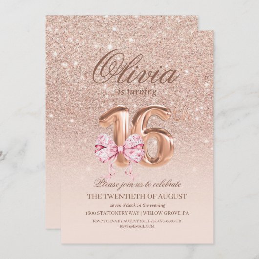 16th Birthday Rose Pink Gold Bow Birthday Party 招待状 (正面/裏面)