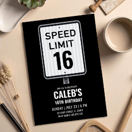 16th Birthday Speed Limit Black and White Sign 招待状
