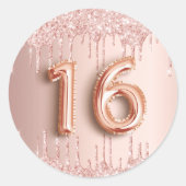 16th birthday sweet 16赤面バラ金ゴールドグリッター ラウンドシール (正面)