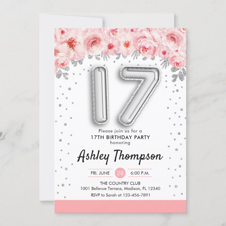 17歳の誕生日パーティー 銀風船 招待状 Zazzle Co Jp