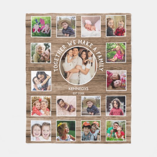 17フォトコラージュファミリー名引用文素朴ウッド フリースブランケット (正面)