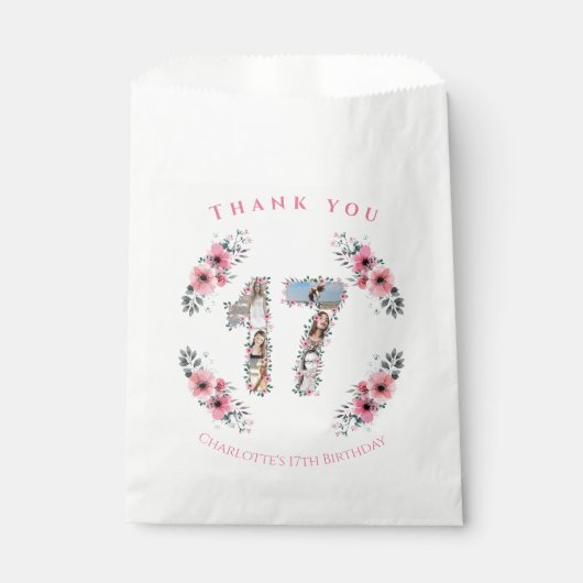 17人目の女の子の誕生日写真コラージュピンクの花 フェイバーバッグ (正面)