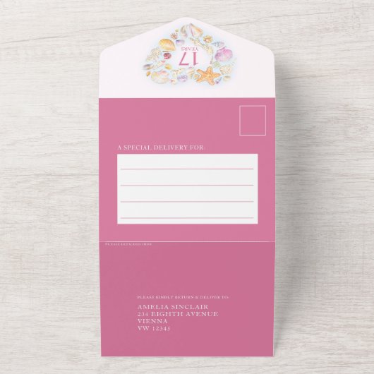 17周年結婚記念日の貝殻ハートウォーターカラー オールインワン招待状 (外側)