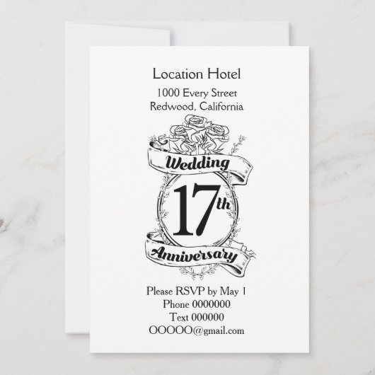 17周年結婚記念日の黒と白のバラ 招待状 (裏面)