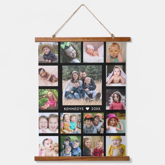 17家族の写真コラージュ自分の黒を作成 吊り下げ型タペストリー (正面)