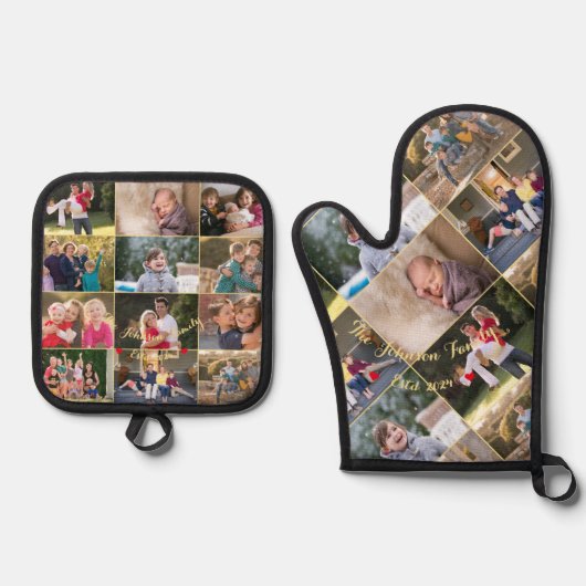 17家族パーソナライズされた写真コラージュ金ゴールドモノグラム 鍋つかみ&鍋敷きセット (正面)