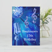 17歳の誕生日おめでとう ブルーディスコボールとレトロマイク 招待状 (スタンド正面)