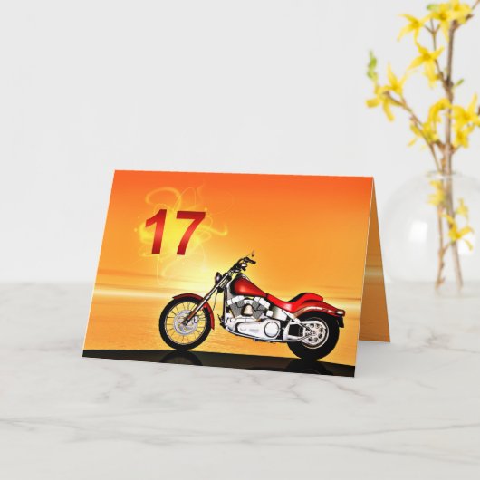 17歳の誕生日オートバイの夕日 カード (黄色い花)