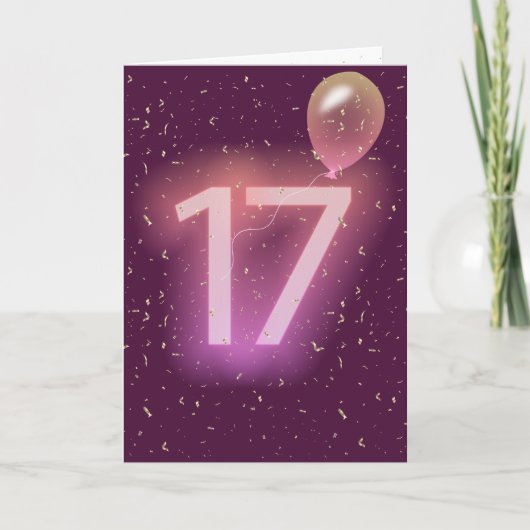 17歳の誕生日ネオンサインとバルーン カード (正面)