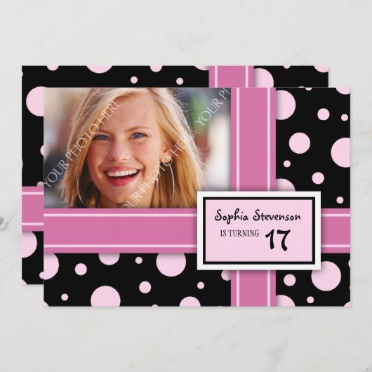17歳の誕生日パーティーの招待ピンクの黒い点 招待状 (正面/裏面)