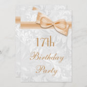 17歳の誕生日パーティー ダマスクと偽の蝶結び 招待状 (正面/裏面)
