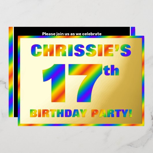 17歳の誕生日パーティー - 楽しいレインボースペクトラム「17」 箔招待状 (正面/裏面)