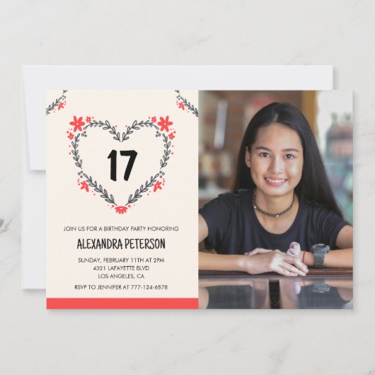 17歳の誕生日招待状のフローラハート 招待状 (正面)