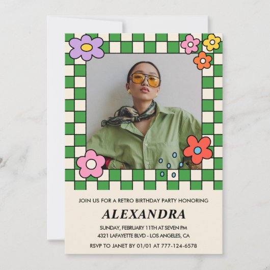 17歳の誕生日招待状レトロGroovy花 招待状 (正面)