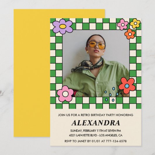 17歳の誕生日招待状 レトロ グルーヴィー フラワー 招待状 (正面/裏面)