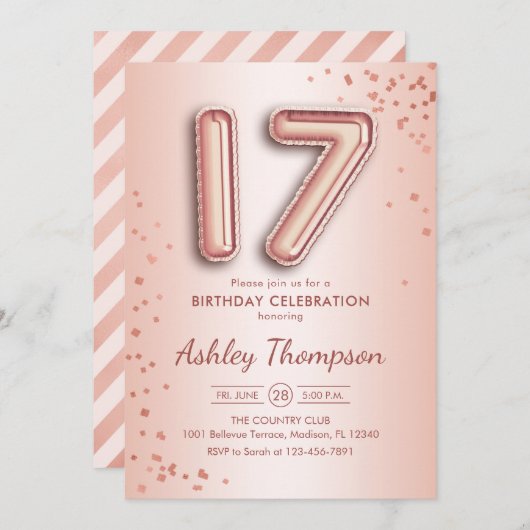 17歳の誕生日 - ローズゴールドの風船 招待状 (正面/裏面)