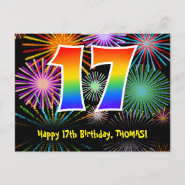 17歳の誕生日 – 楽しい花火模様 + レインボー17 ポストカード