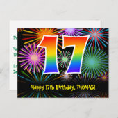 17歳の誕生日 – 楽しい花火模様 + レインボー17 ポストカード (正面/裏面)