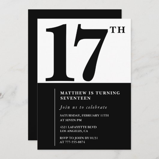 17歳エレガントの誕生日の招待状ブラックシックモダン 招待状 (正面/裏面)
