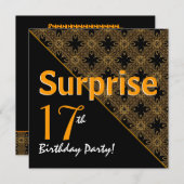 17番目のサプライズ誕生日ブラックと金ゴールド対角線 招待状 (正面/裏面)