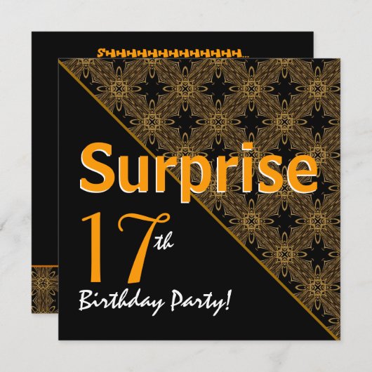 17番目のサプライズ誕生日ブラックと金ゴールド対角線 招待状 (正面/裏面)