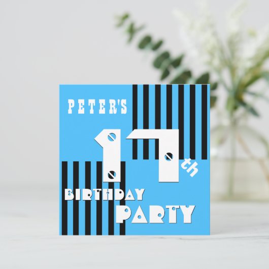 17番目または任意のモダン誕生日ストライプT17Z 招待状 (スタンド正面)