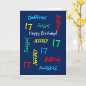 17番目カスタムの誕生日カード任意の名前、青、10代の若者 カード (黄色い花)