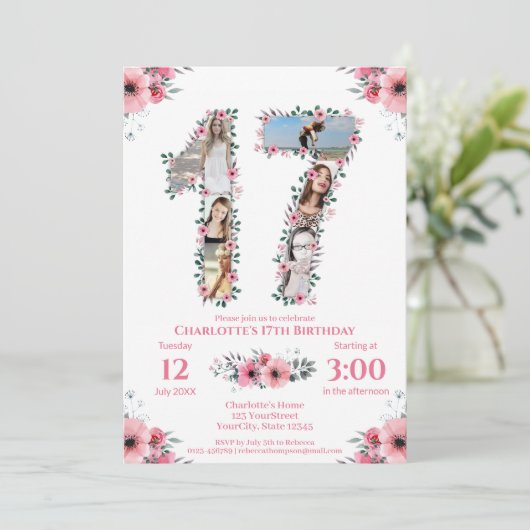 17誕生日ガールフォトコラージピンクフラワーホワイト 招待状 (スタンド正面)