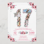 17誕生日ガールフォトコラージピンクフラワーホワイト 招待状 (正面/裏面)