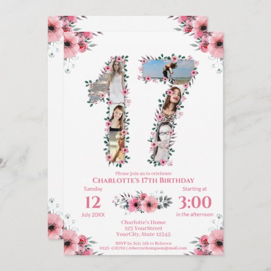 17誕生日ガールフォトコラージピンクフラワーホワイト 招待状 (正面/裏面)