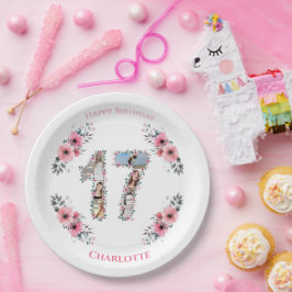 17誕生日フォトコラージガールピンク花白 ペーパープレート