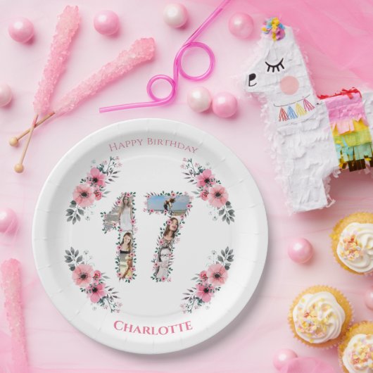 17誕生日フォトコラージガールピンク花白 ペーパープレート (パーティー)