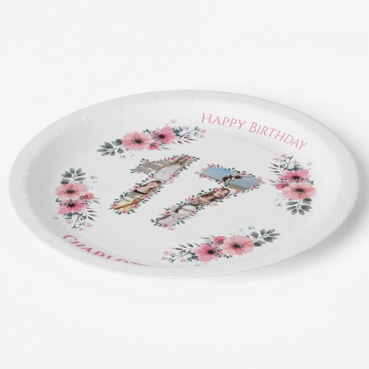 17誕生日フォトコラージガールピンク花白 ペーパープレート (アングル)