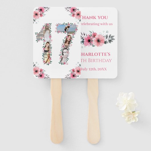 17誕生日フォトコラージピンクガールフラワーホワイト ハンドファン (正面&裏面)