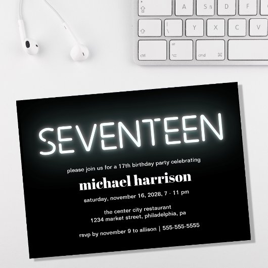 17誕生日ホワイトネオンライトパーティー 招待状