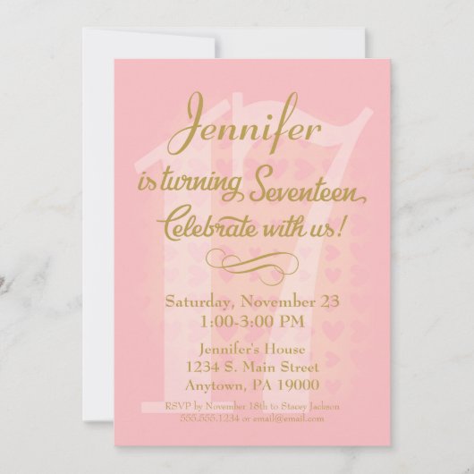 17誕生日招待状ガールズピンク金ゴールドハート 招待状 (正面)