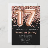 17誕生日招待状ブラックバラ金ゴールドグリッター 招待状 (正面)