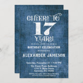 17誕生日招待状ブルーリネン素朴応援 招待状 (正面/裏面)