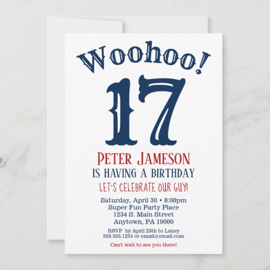 17誕生日招待状10代のボーイネイビーブルー 招待状 (正面)